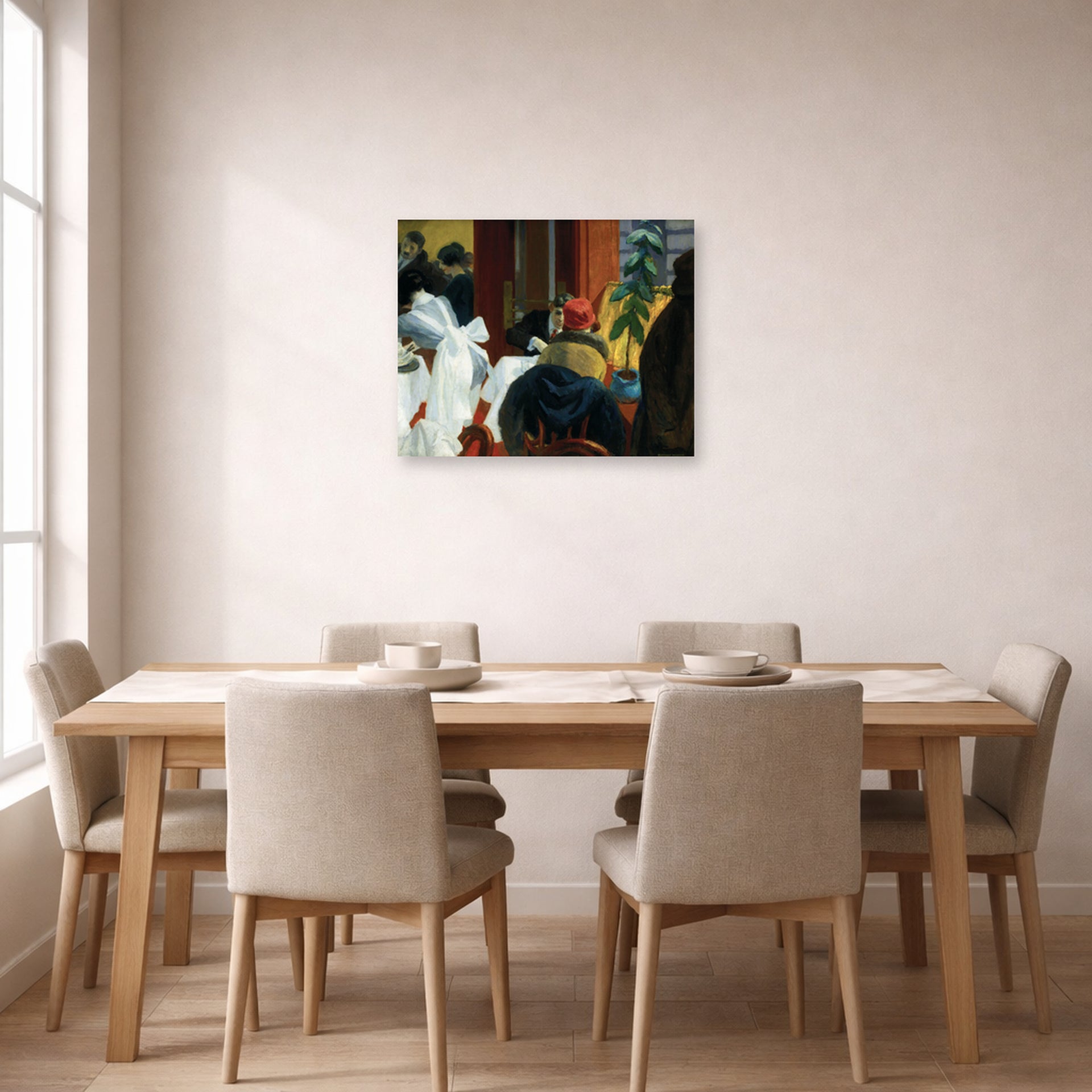 Unframed poster print of Edward Hopper's 'New York Restaurant' displayed on a wall in a dining room
