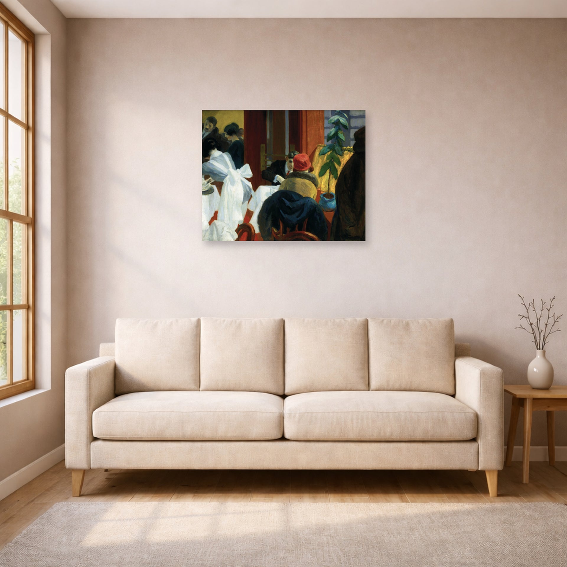 Unframed poster print of Edward Hopper's 'New York Restaurant' displayed on a wall in a living room (image 1 of 2)