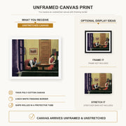 Edward Hopper - Room in New York canvas print size comparison and framing display infographic