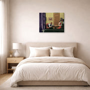 Gallery-wrapped canvas print of Edward Hopper's 'Room in New York' displayed on a wall in a bedroom