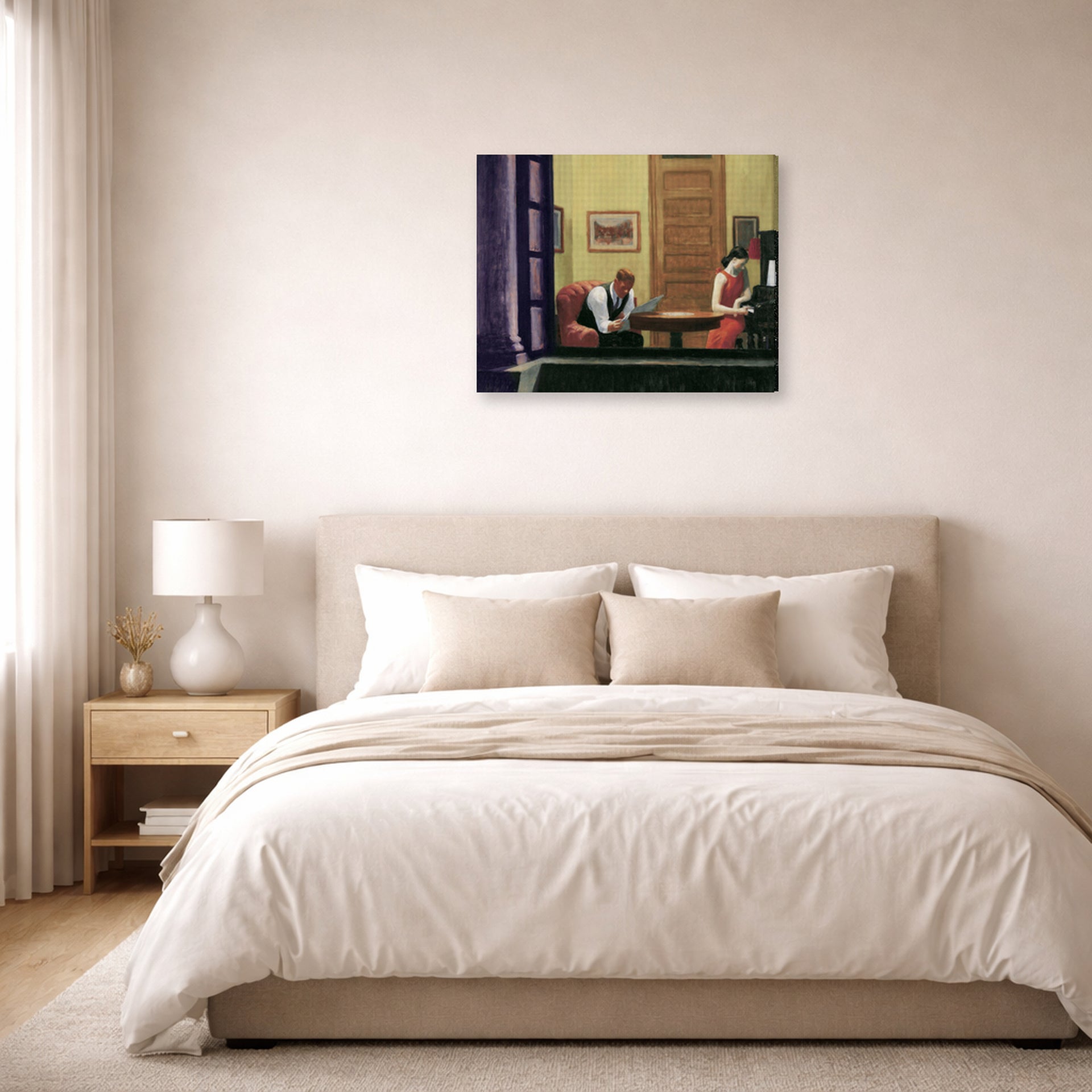 Gallery-wrapped canvas print of Edward Hopper's 'Room in New York' displayed on a wall in a bedroom