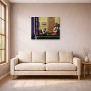Gallery-wrapped canvas print of Edward Hopper's 'Room in New York' displayed on a wall in a living room (image 1 of 2)