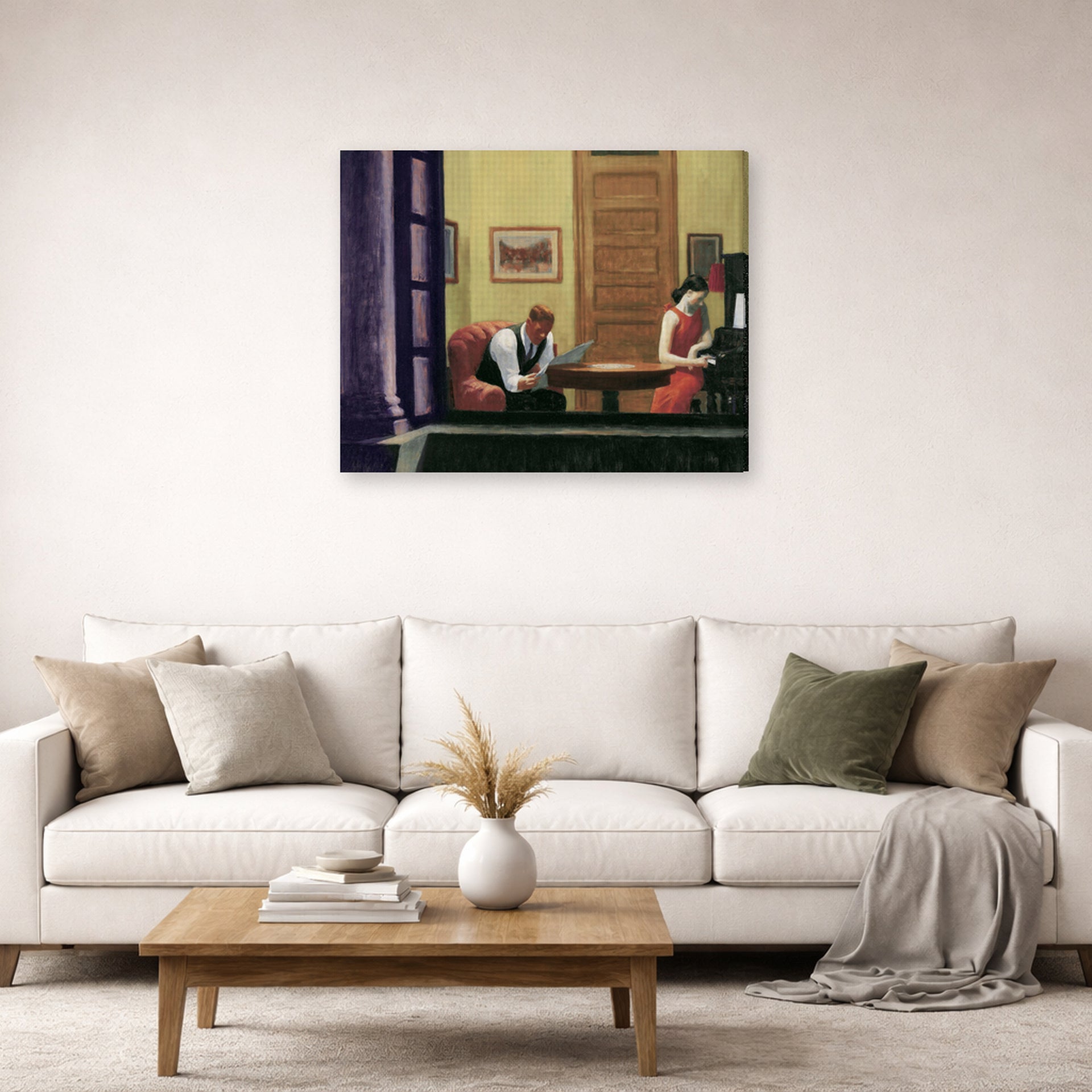 Gallery-wrapped canvas print of Edward Hopper's 'Room in New York' displayed on a wall in a living room (image 2 of 2)