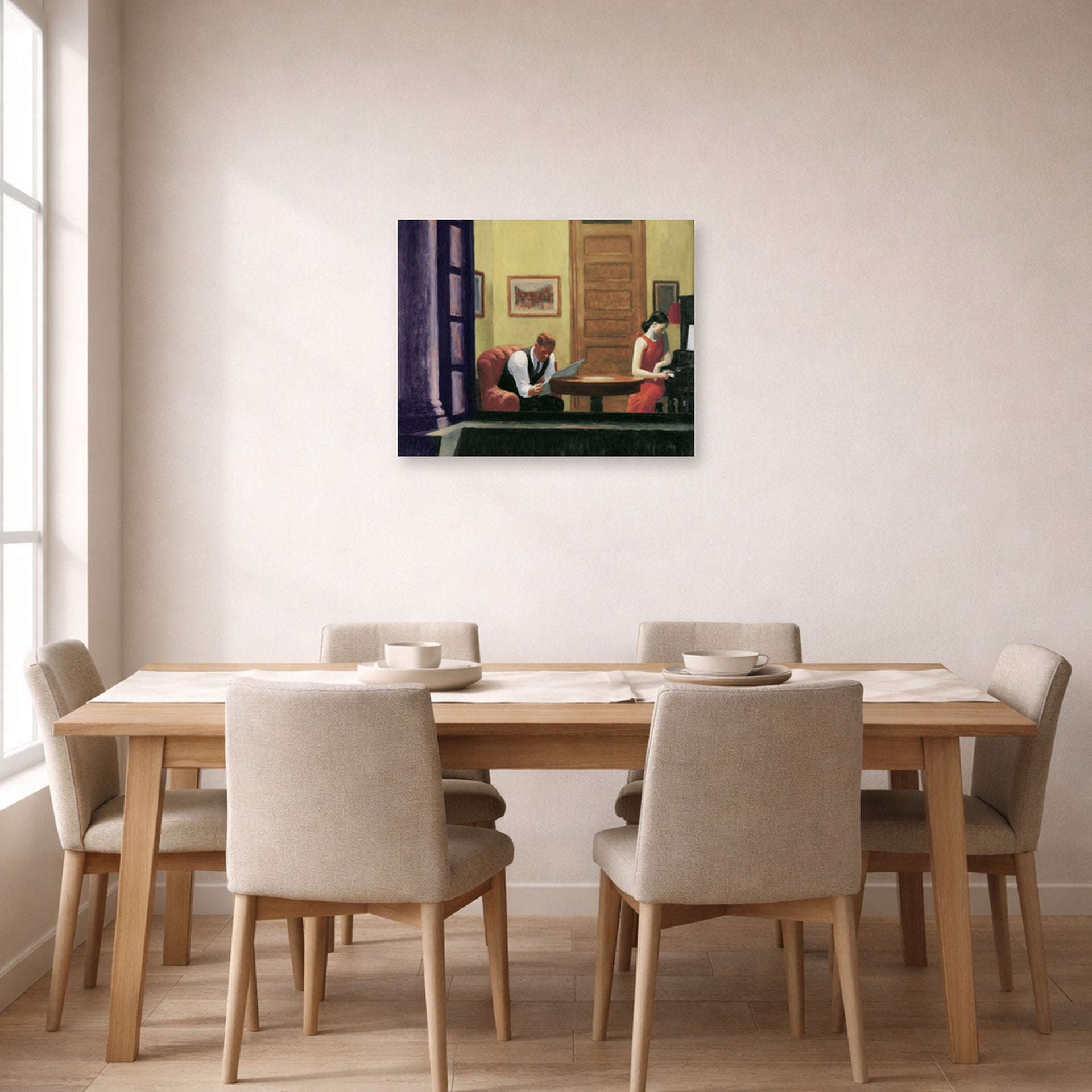 Unframed poster print of Edward Hopper's 'Room in New York' displayed on a wall in a dining room