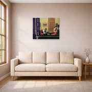 Unframed poster print of Edward Hopper's 'Room in New York' displayed on a wall in a living room (image 1 of 2)
