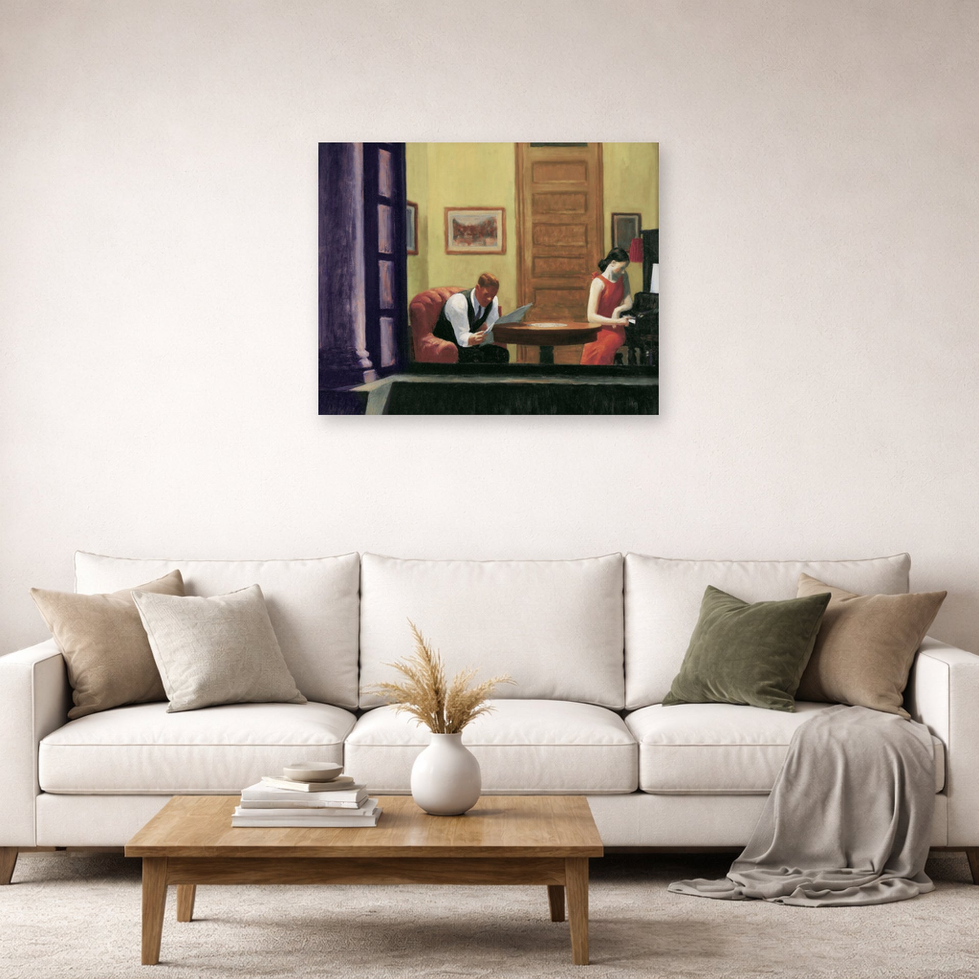 Unframed poster print of Edward Hopper's 'Room in New York' displayed on a wall in a living room (image 2 of 2)