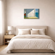 Gallery-wrapped canvas print of Edward Hopper's 'Rooms By The Sea' displayed on a wall in a bedroom