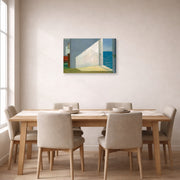 Gallery-wrapped canvas print of Edward Hopper's 'Rooms By The Sea' displayed on a wall in a dining room