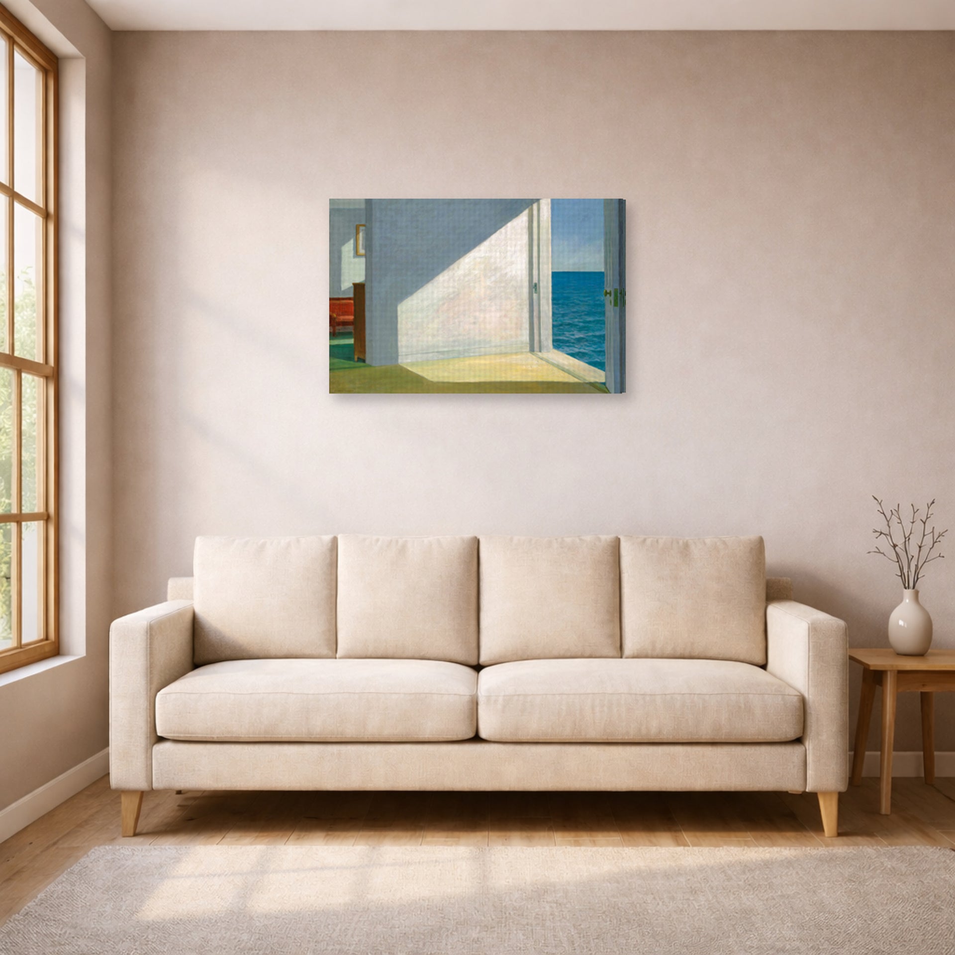 Gallery-wrapped canvas print of Edward Hopper's 'Rooms By The Sea' displayed on a wall in a living room (image 1 of 2)