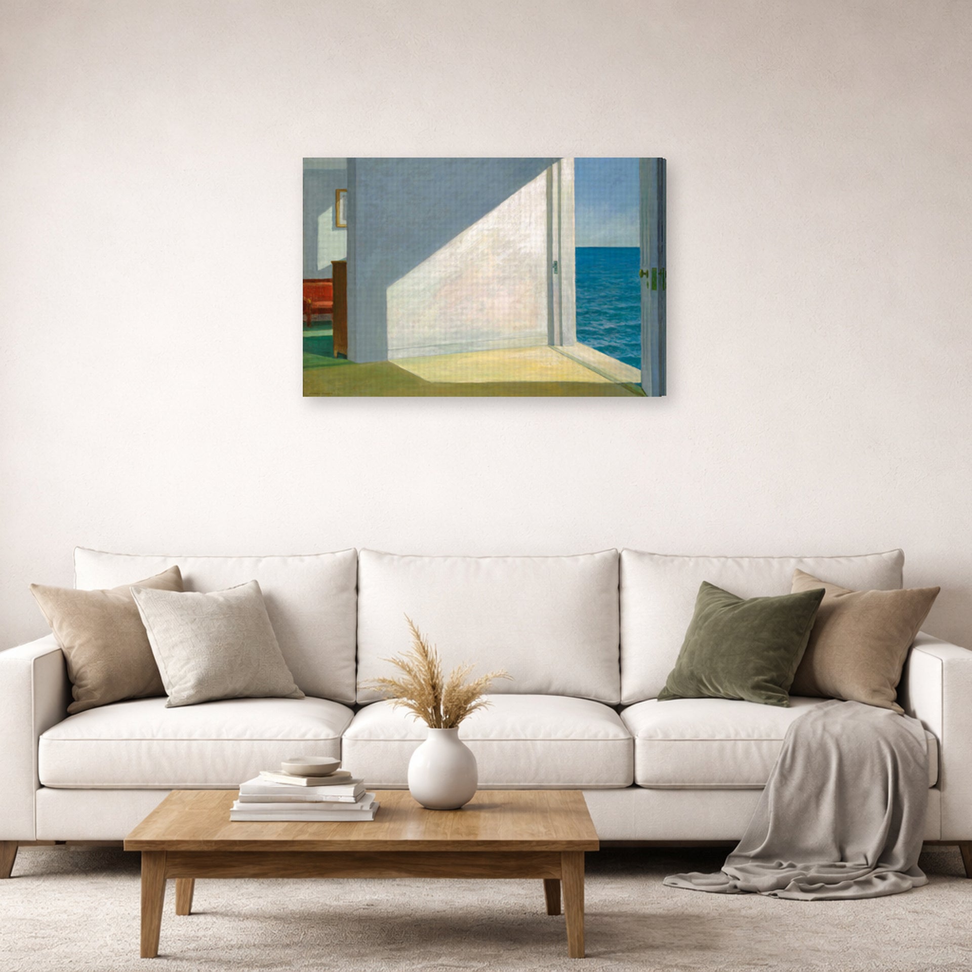 Gallery-wrapped canvas print of Edward Hopper's 'Rooms By The Sea' displayed on a wall in a living room (image 2 of 2)
