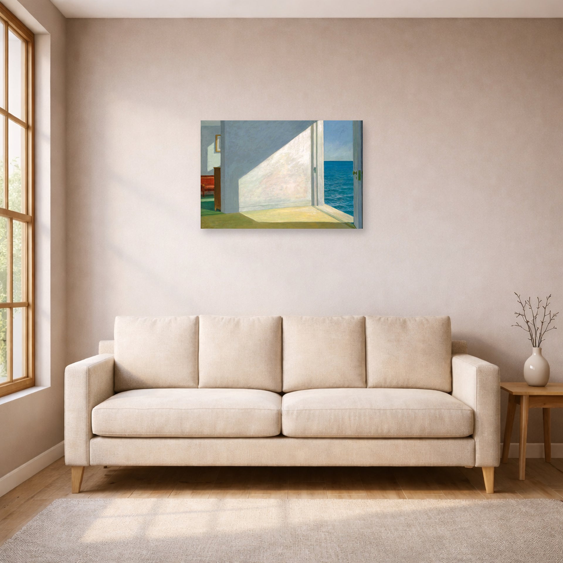 Unframed poster print of Edward Hopper's 'Rooms By The Sea' displayed on a wall in a living room (image 1 of 2)