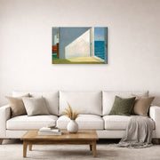 Unframed poster print of Edward Hopper's 'Rooms By The Sea' displayed on a wall in a living room (image 2 of 2)