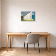 Unframed poster print of Edward Hopper's 'Rooms By The Sea' displayed on a wall in an office