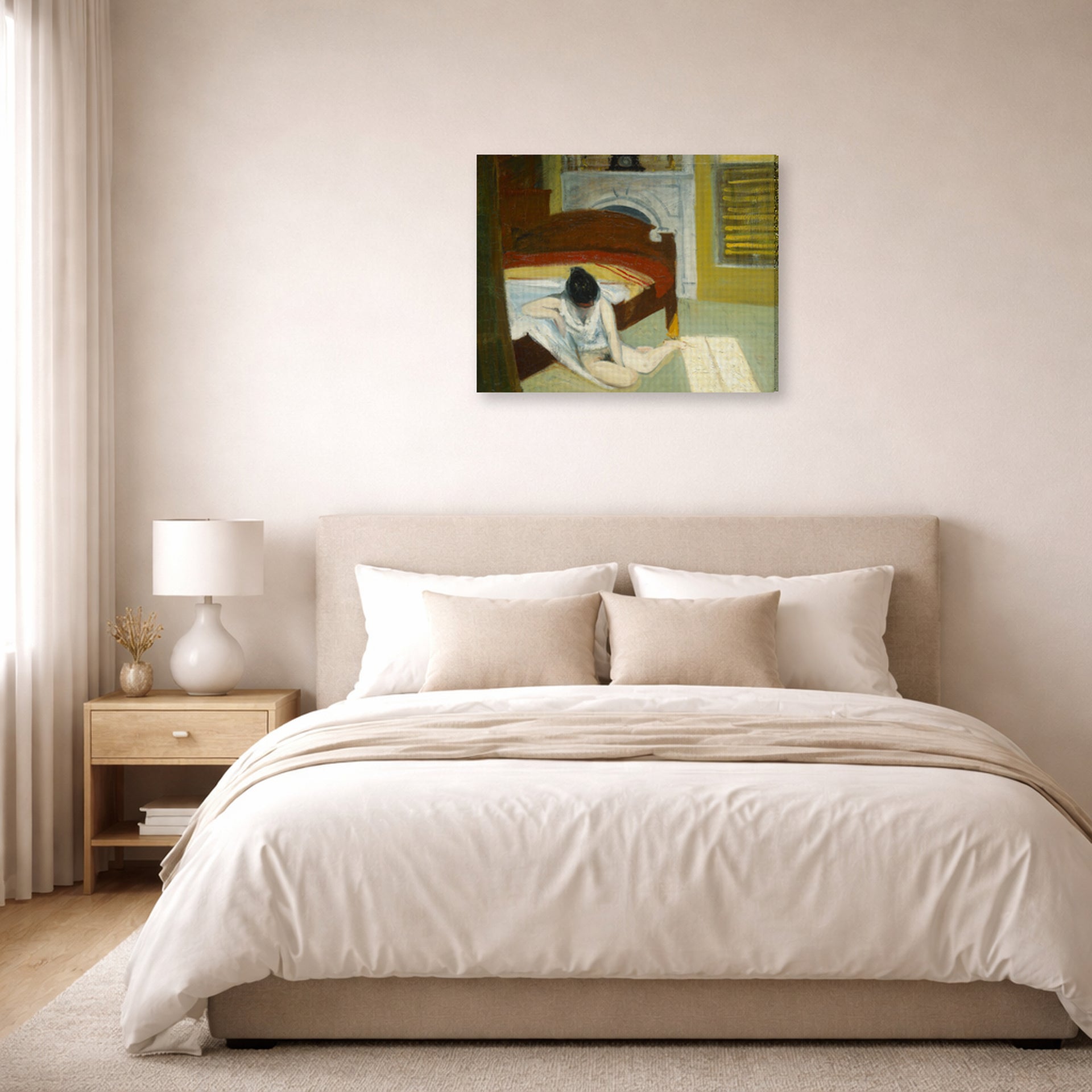 Gallery-wrapped canvas print of Edward Hopper's 'Summer Interior' displayed on a wall in a bedroom