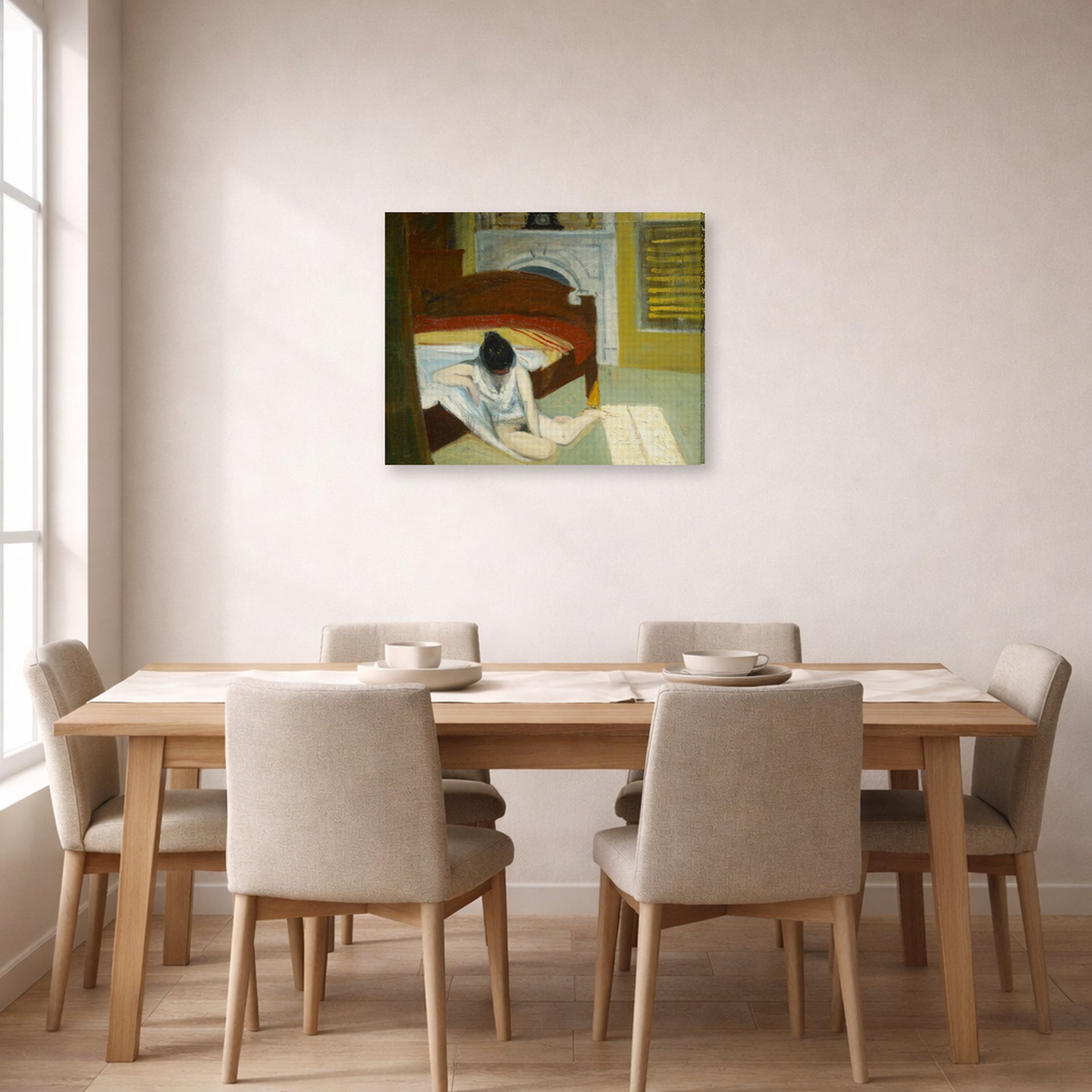 Gallery-wrapped canvas print of Edward Hopper's 'Summer Interior' displayed on a wall in a dining room