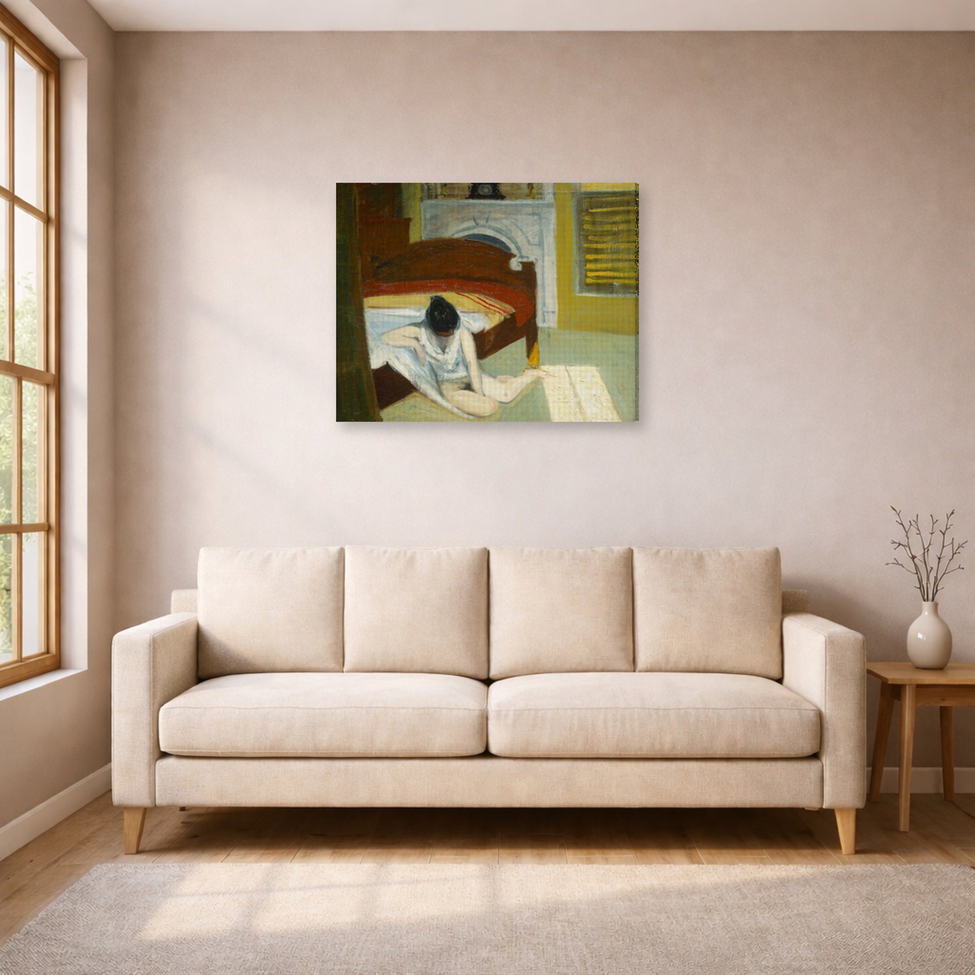 Gallery-wrapped canvas print of Edward Hopper's 'Summer Interior' displayed on a wall in a living room (image 1 of 2)