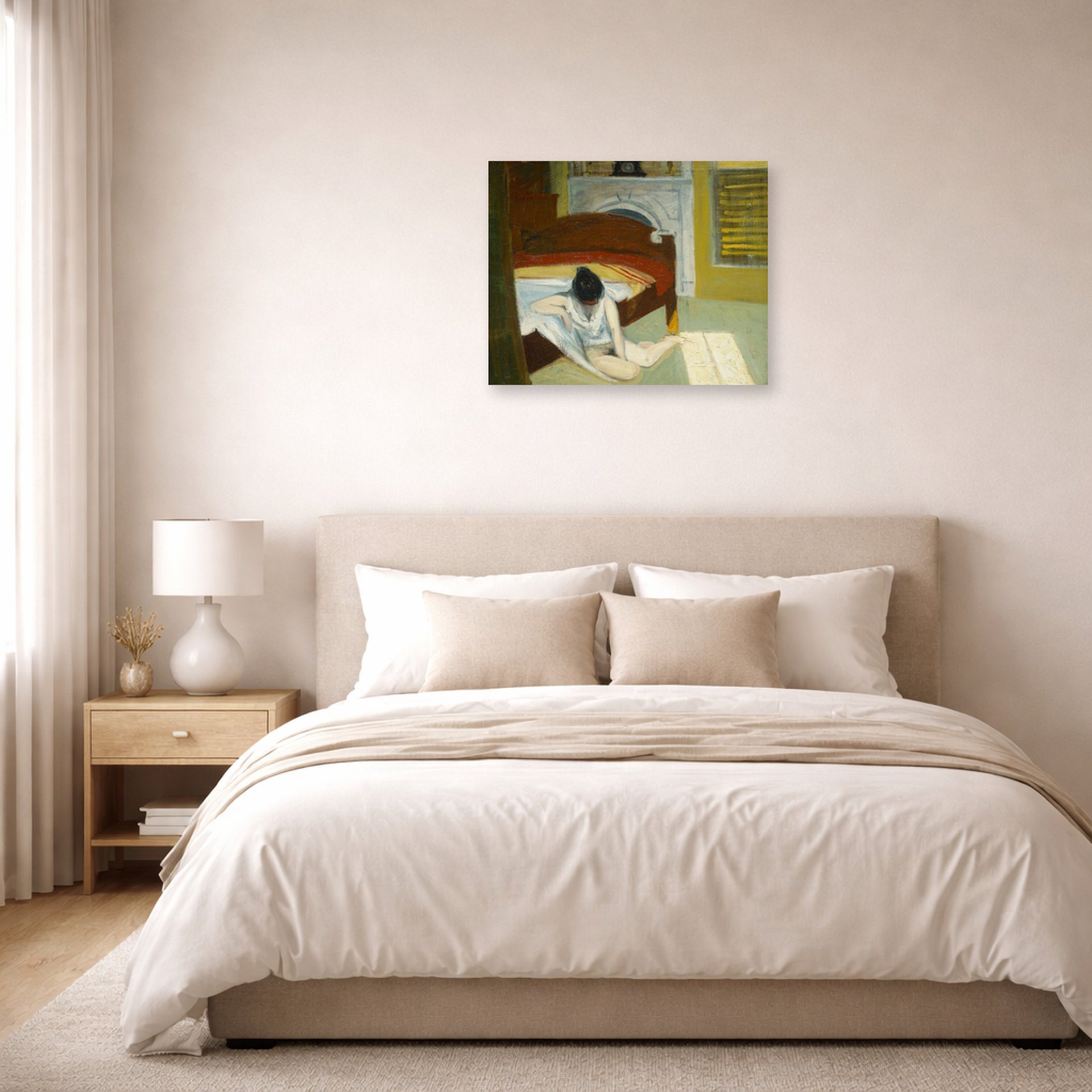 Unframed poster print of Edward Hopper's 'Summer Interior' displayed on a wall in a bedroom