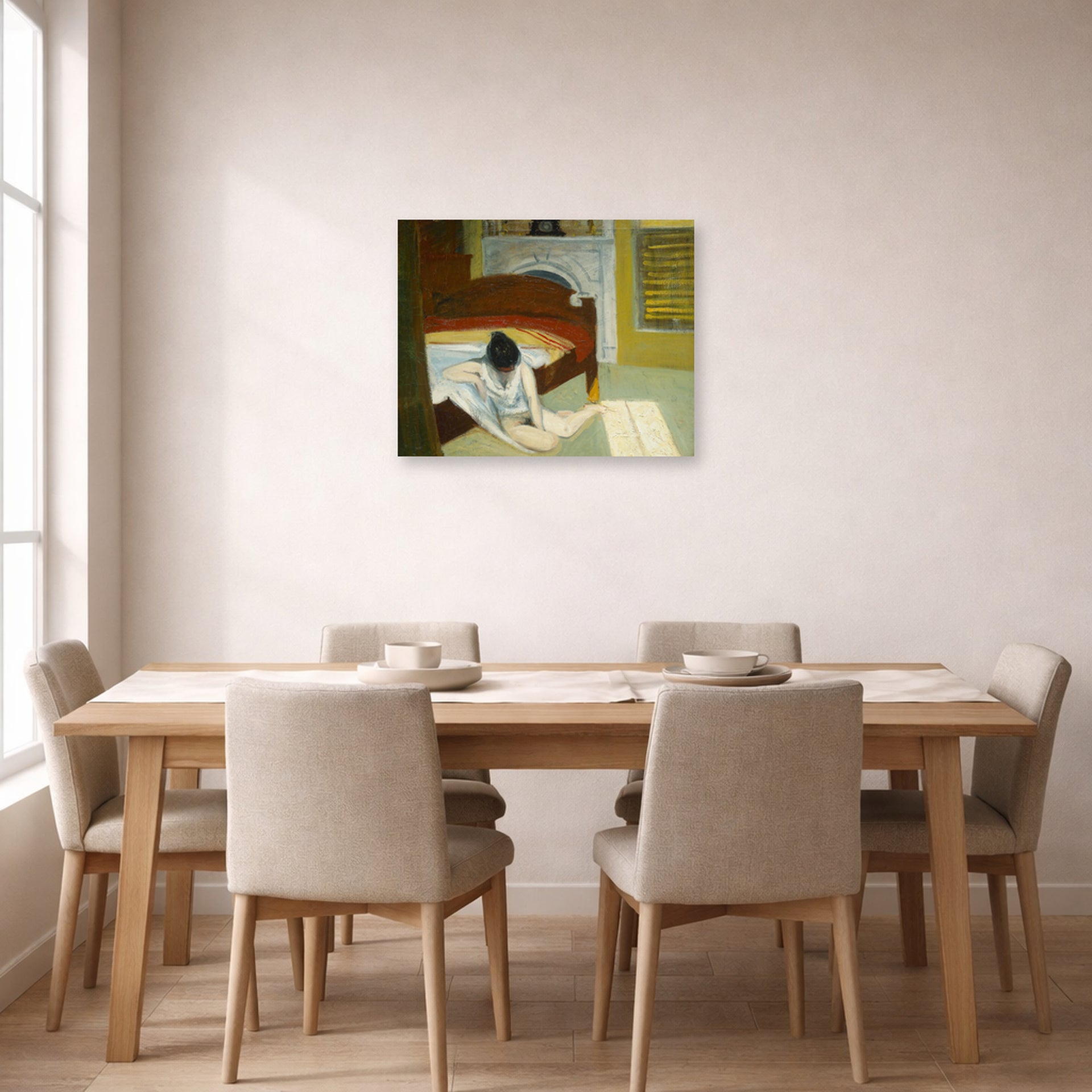 Unframed poster print of Edward Hopper's 'Summer Interior' displayed on a wall in a dining room