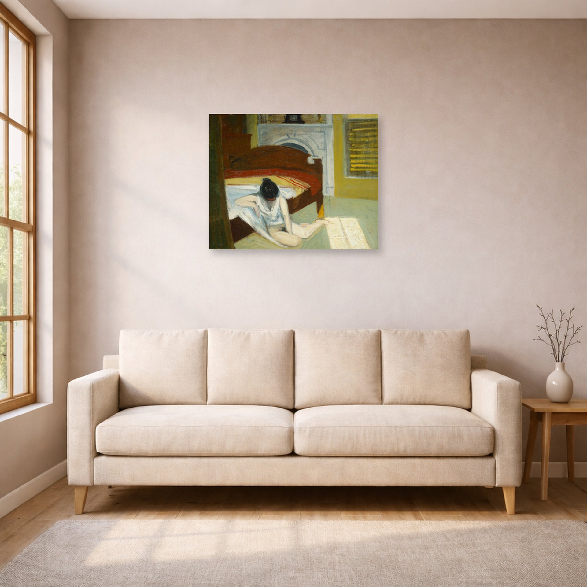 Unframed poster print of Edward Hopper's 'Summer Interior' displayed on a wall in a living room (image 1 of 2)