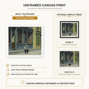 Edward Hopper - Sunday canvas print size comparison and framing display infographic