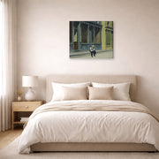 Gallery-wrapped canvas print of Edward Hopper's 'Sunday' displayed on a wall in a bedroom