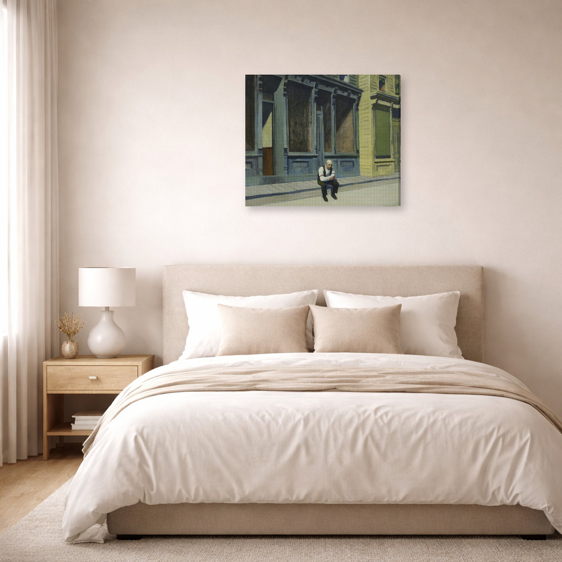 Gallery-wrapped canvas print of Edward Hopper's 'Sunday' displayed on a wall in a bedroom