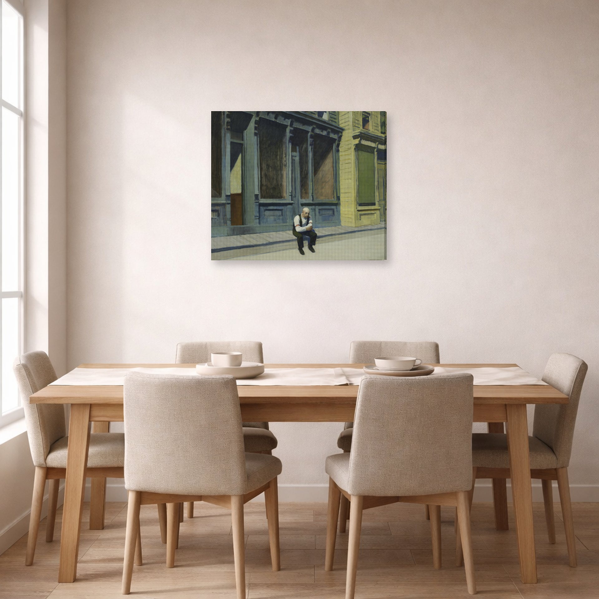 Gallery-wrapped canvas print of Edward Hopper's 'Sunday' displayed on a wall in a dining room