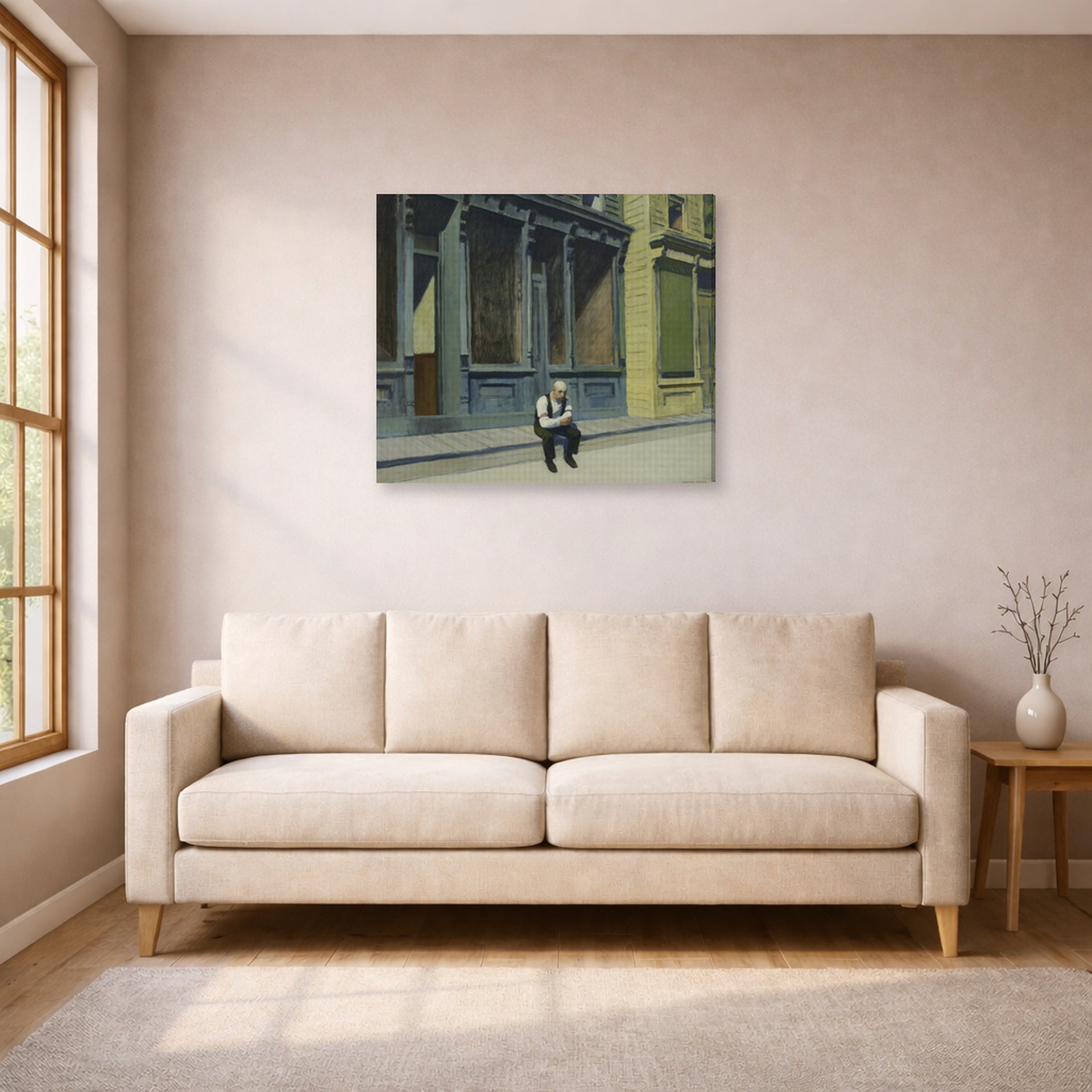 Gallery-wrapped canvas print of Edward Hopper's 'Sunday' displayed on a wall in a living room (image 1 of 2)