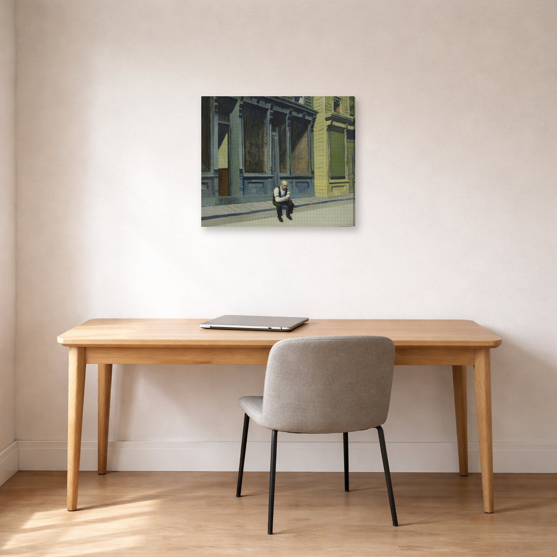 Gallery-wrapped canvas print of Edward Hopper's 'Sunday' displayed on a wall in an office