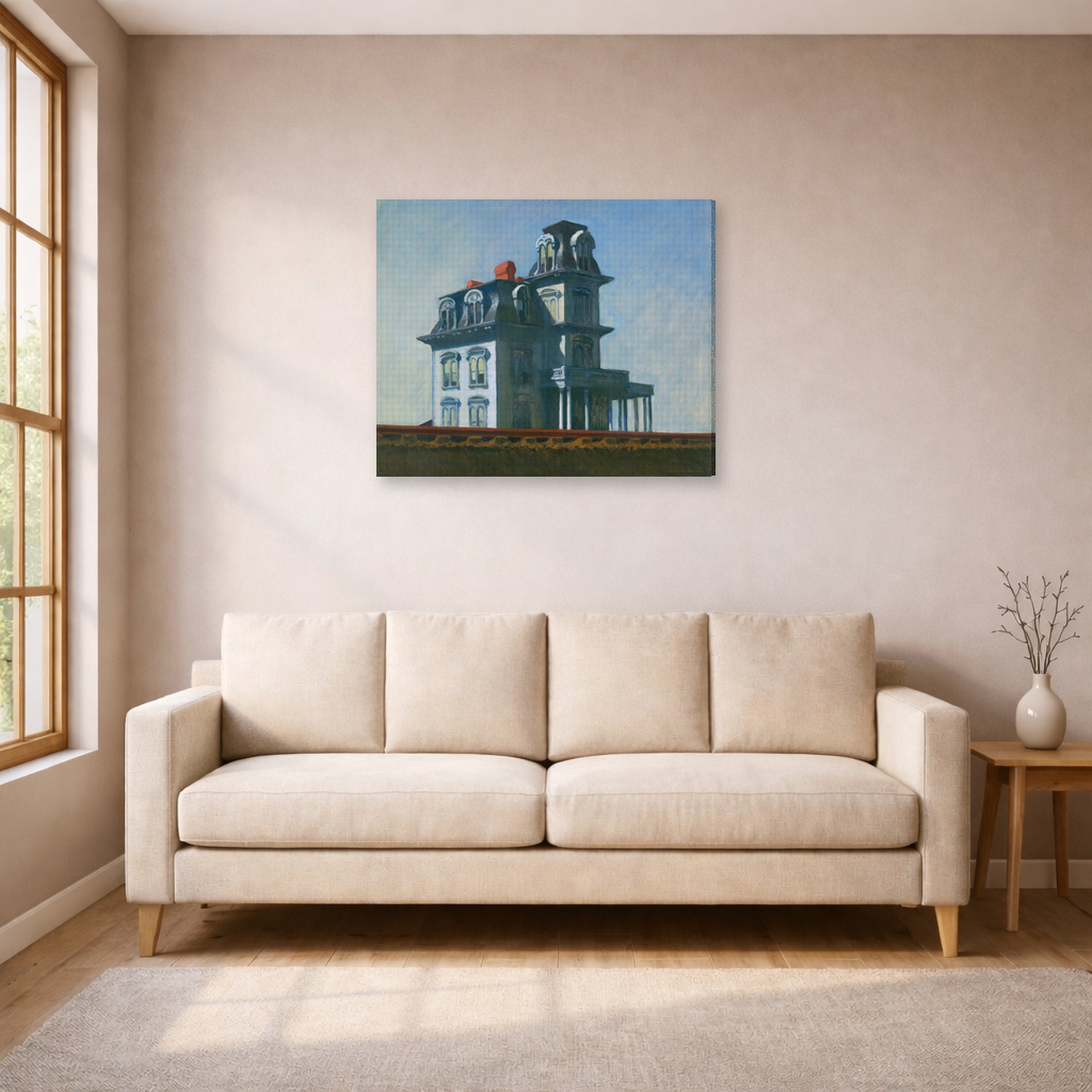Gallery-wrapped canvas print of Edward Hopper's 'The House by the Railroad' displayed on a wall in a living room (image 1 of 2)