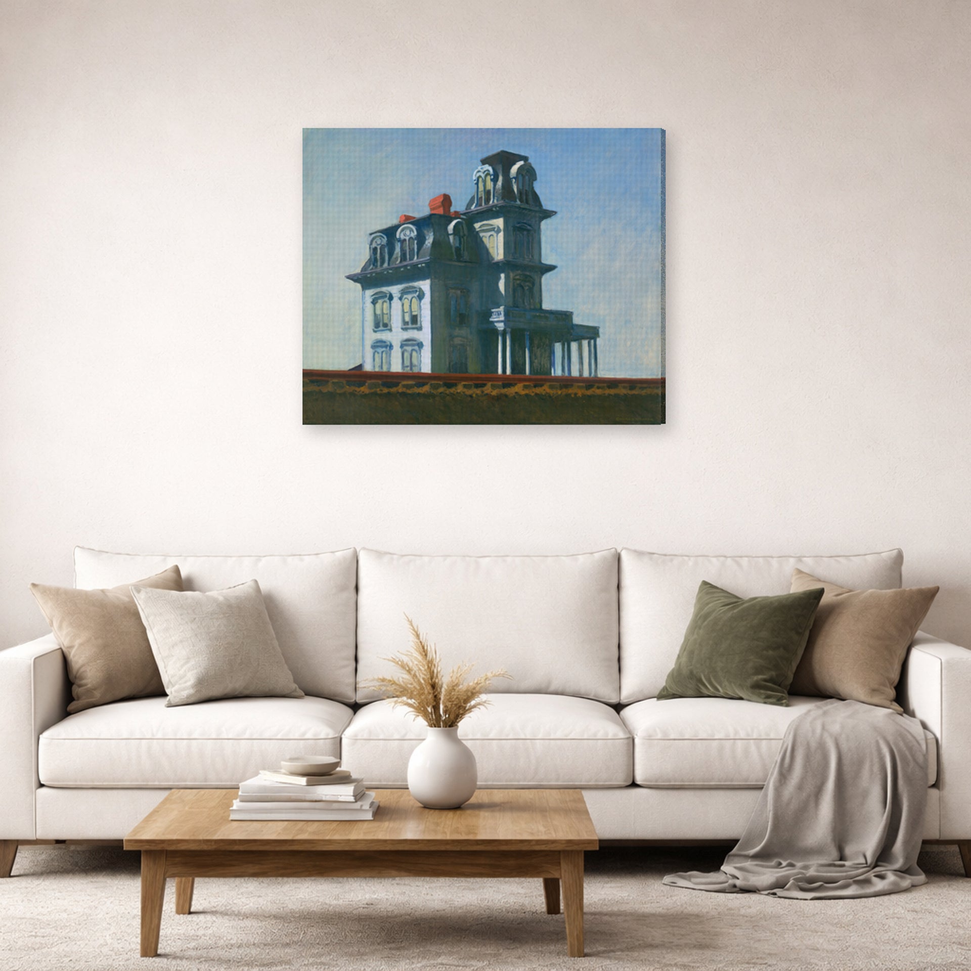 Gallery-wrapped canvas print of Edward Hopper's 'The House by the Railroad' displayed on a wall in a living room (image 2 of 2)