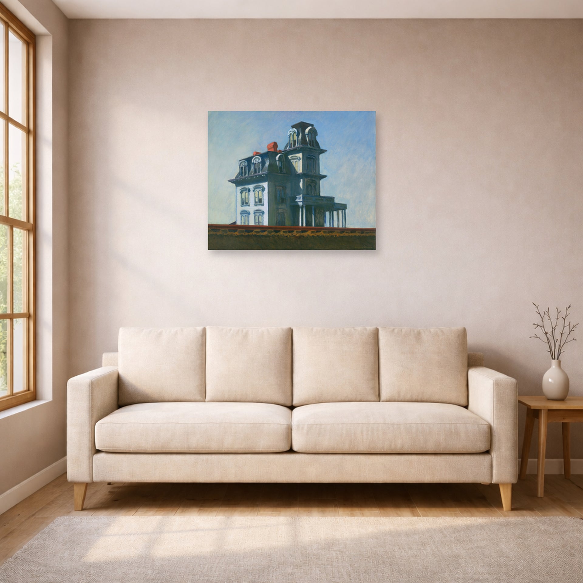Unframed poster print of Edward Hopper's 'The House by the Railroad' displayed on a wall in a living room (image 1 of 2)