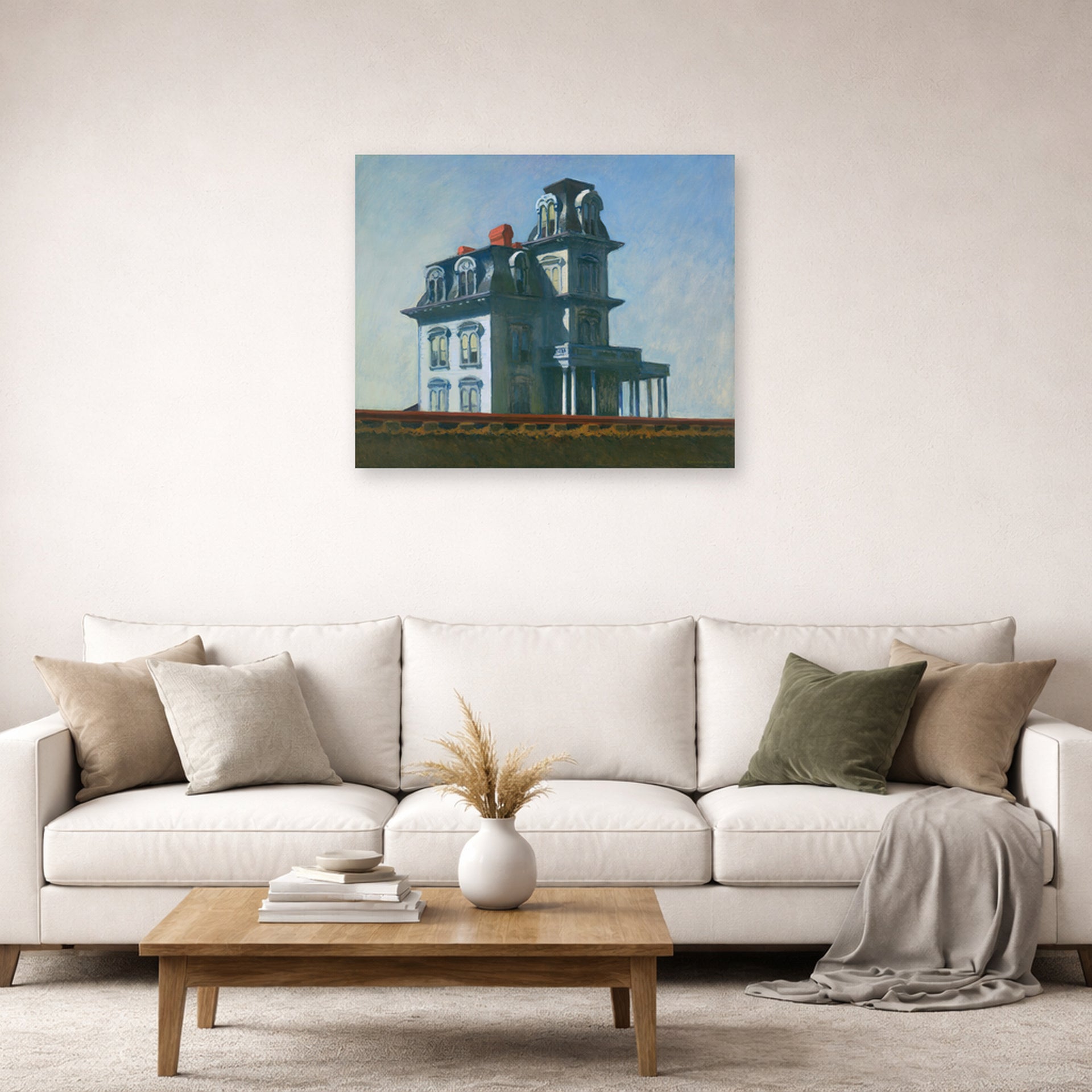 Unframed poster print of Edward Hopper's 'The House by the Railroad' displayed on a wall in a living room (image 2 of 2)