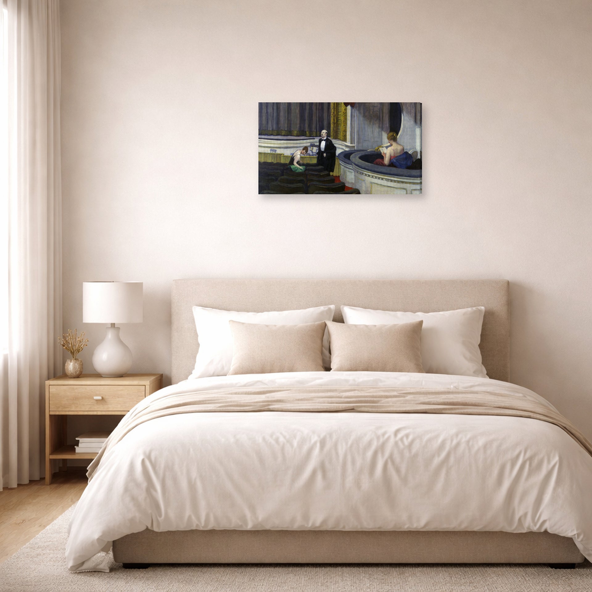 Gallery-wrapped canvas print of Edward Hopper's 'Two on the Aisle' displayed on a wall in a bedroom