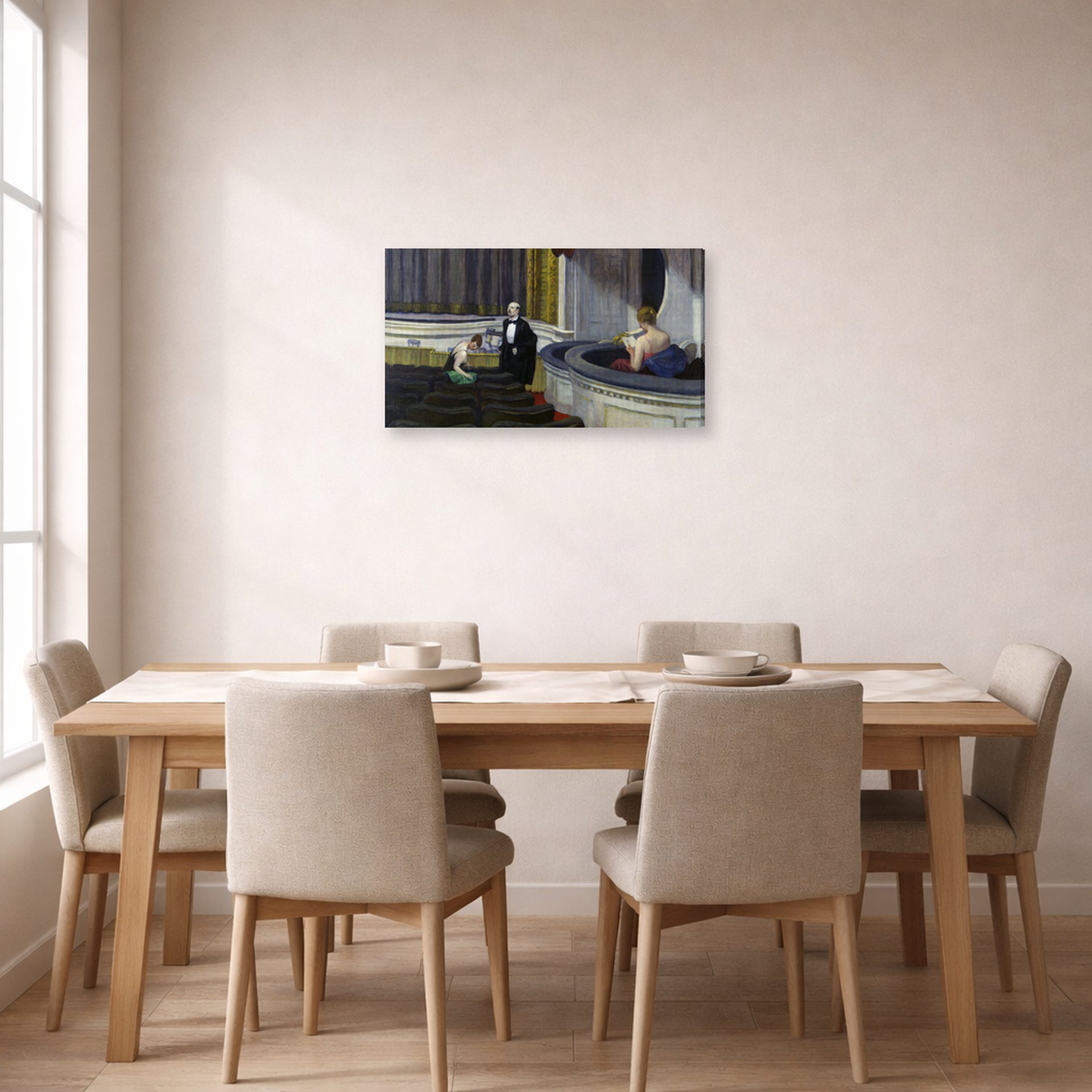 Gallery-wrapped canvas print of Edward Hopper's 'Two on the Aisle' displayed on a wall in a dining room