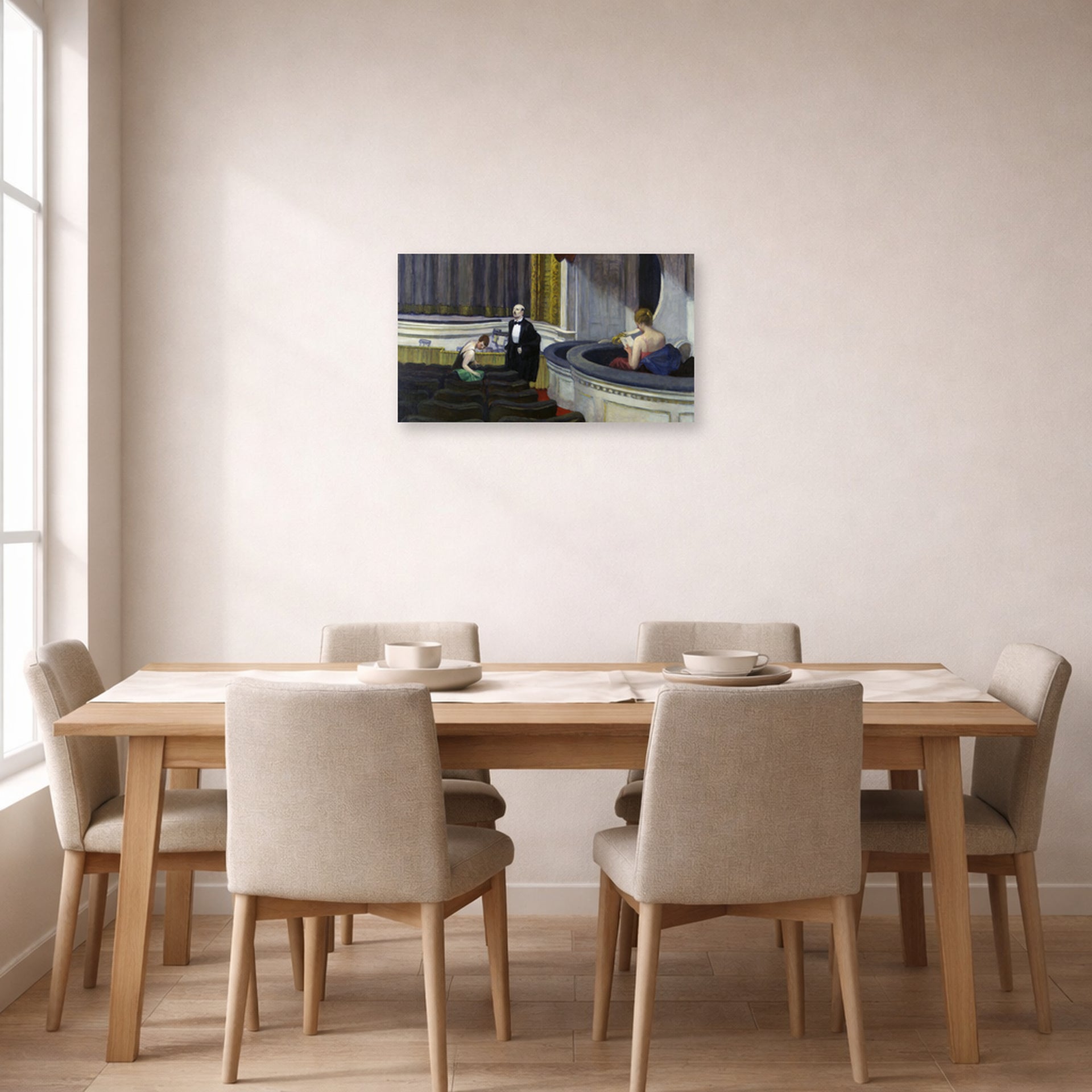 Unframed poster print of Edward Hopper's 'Two on the Aisle' displayed on a wall in a dining room