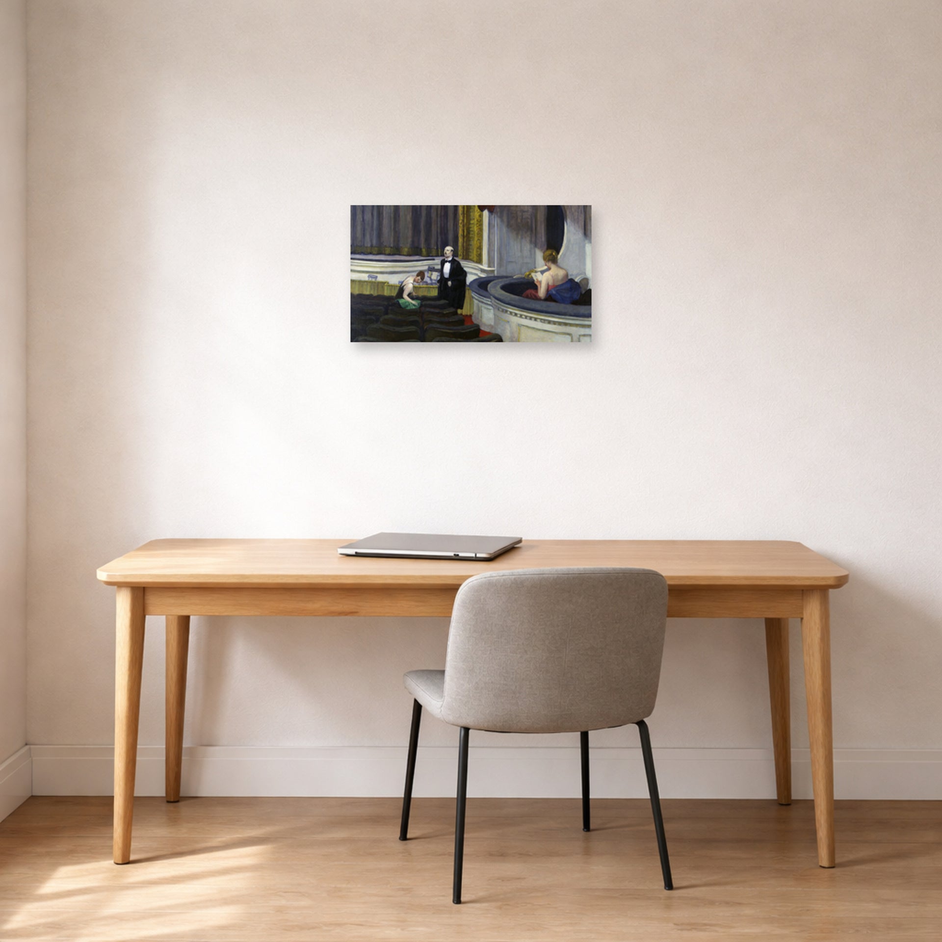 Unframed poster print of Edward Hopper's 'Two on the Aisle' displayed on a wall in an office