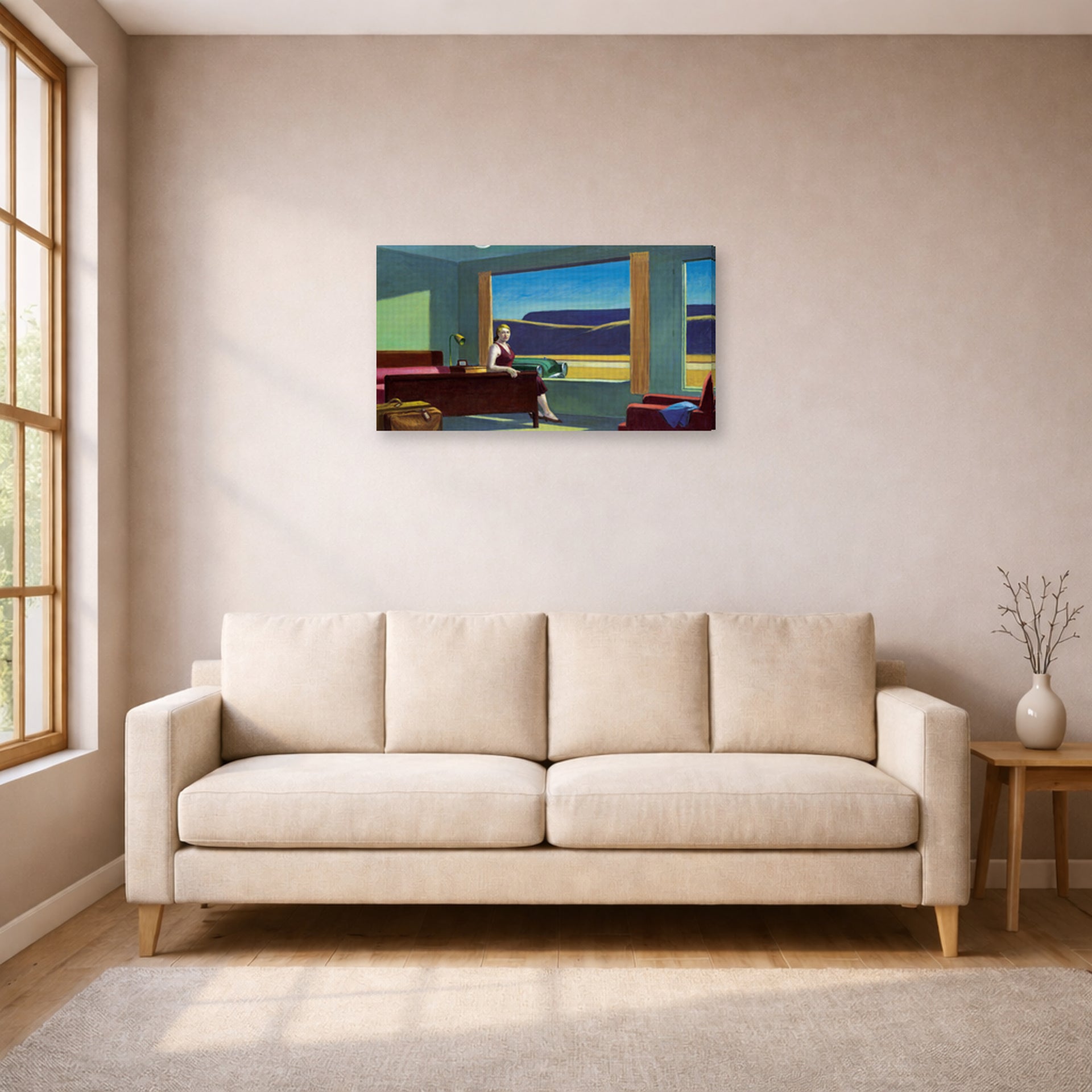 Gallery-wrapped canvas print of Edward Hopper's 'Western Motel' displayed on a wall in a living room (image 1 of 2)