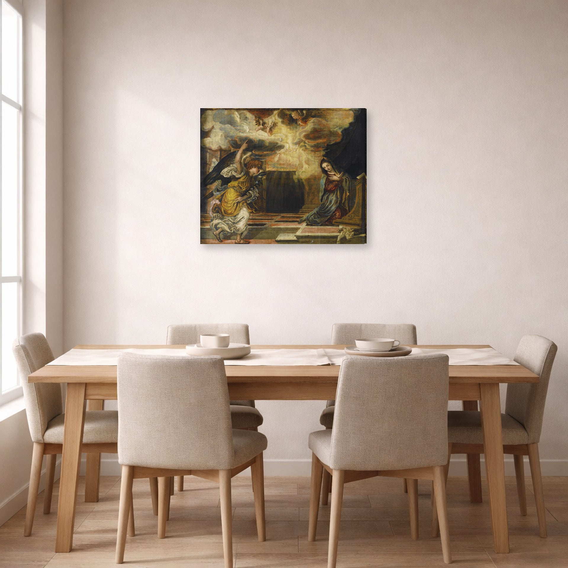 Gallery-wrapped canvas print of El Greco's Annunciation displayed on a wall in a dining room