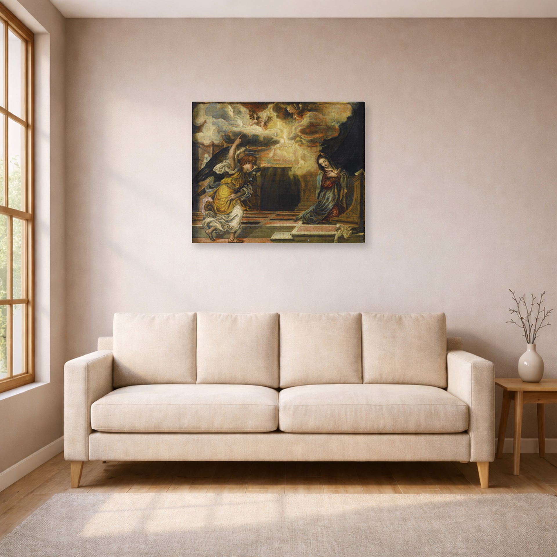 Gallery-wrapped canvas print of El Greco's Annunciation displayed on a wall in a living room