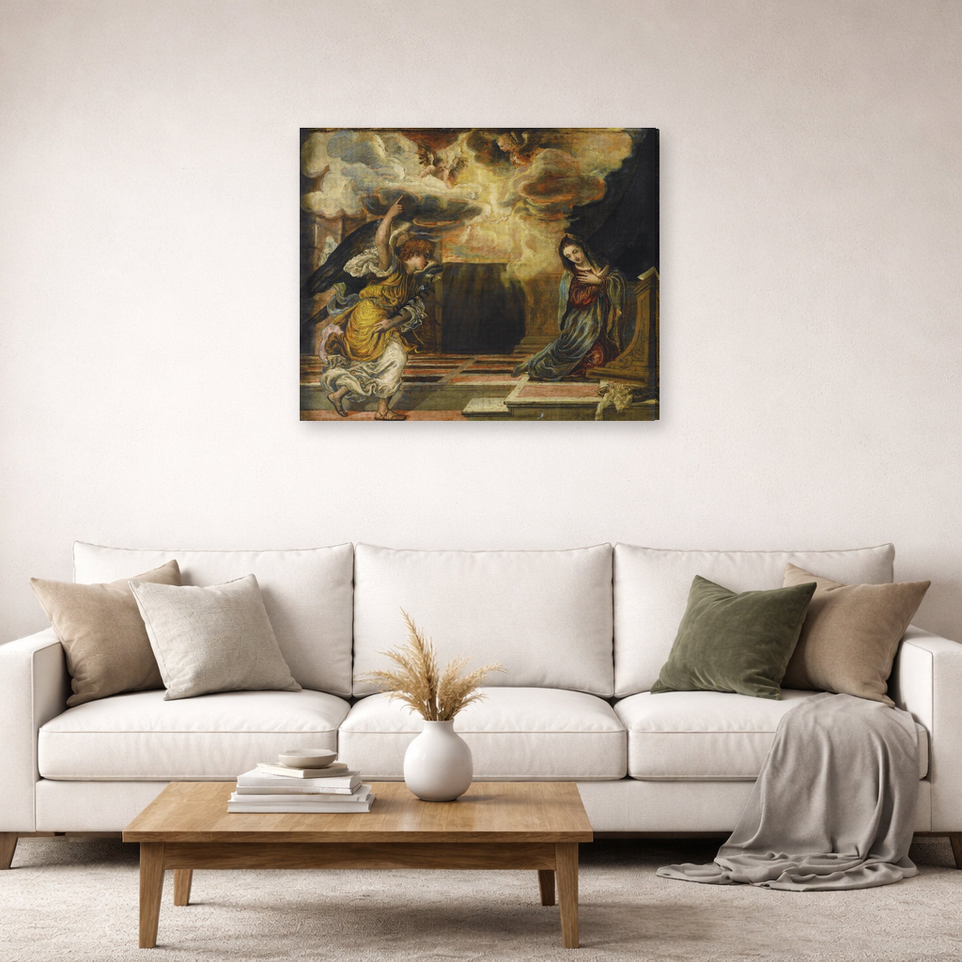 Gallery-wrapped canvas print of El Greco's Annunciation displayed on a wall in a living room