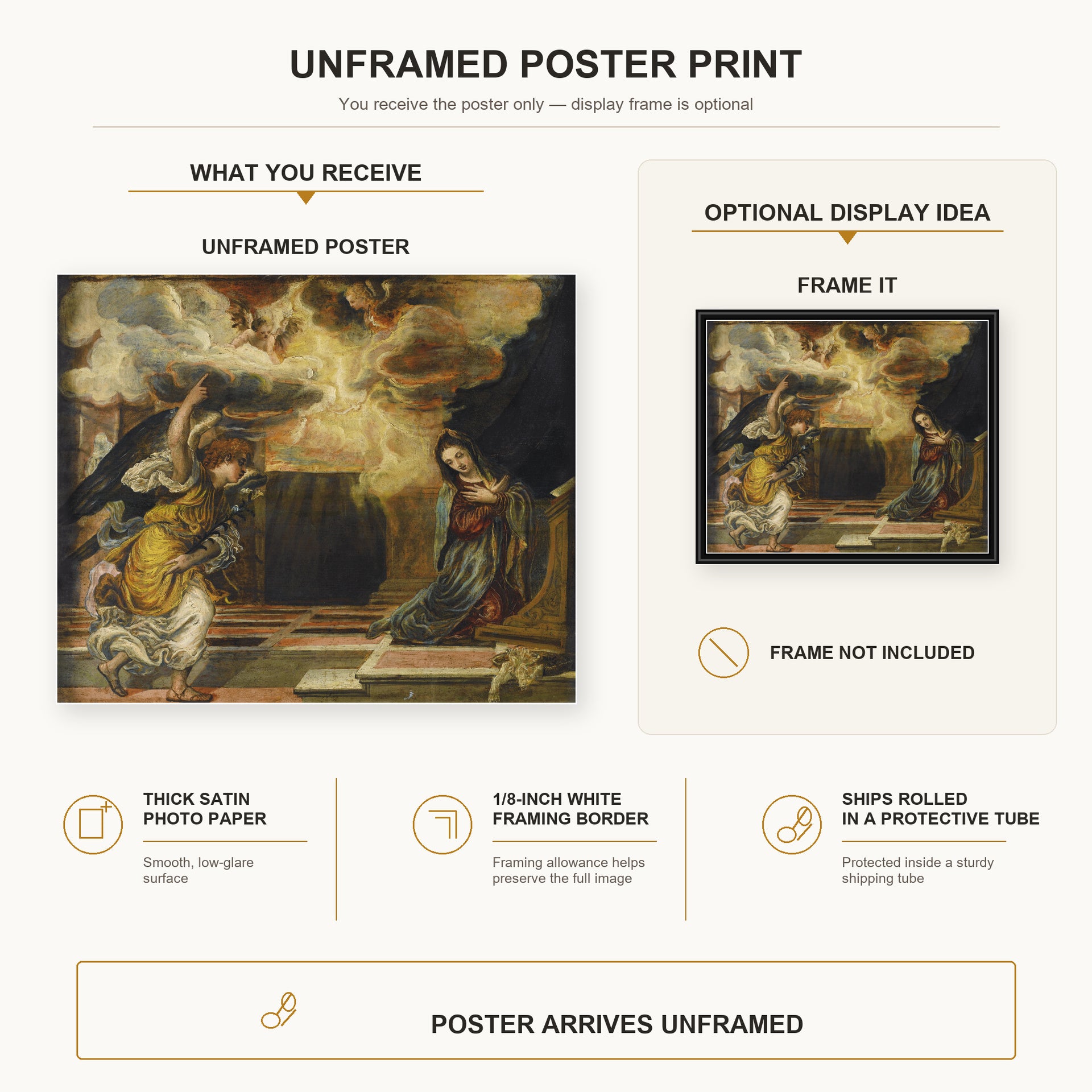 El Greco - Annunciation poster print size comparison and framing display infographic