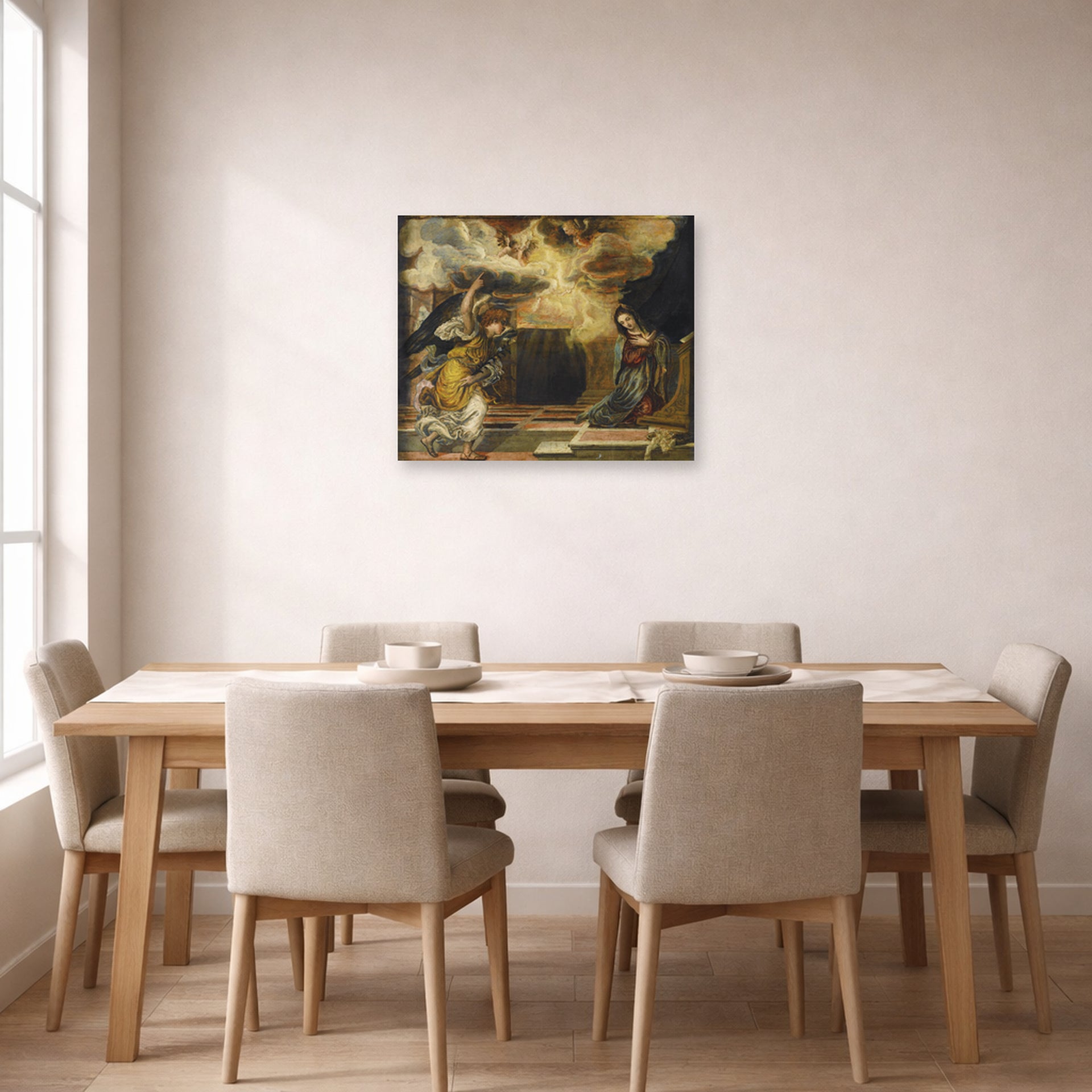Unframed poster print of El Greco's Annunciation displayed on a wall in a dining room