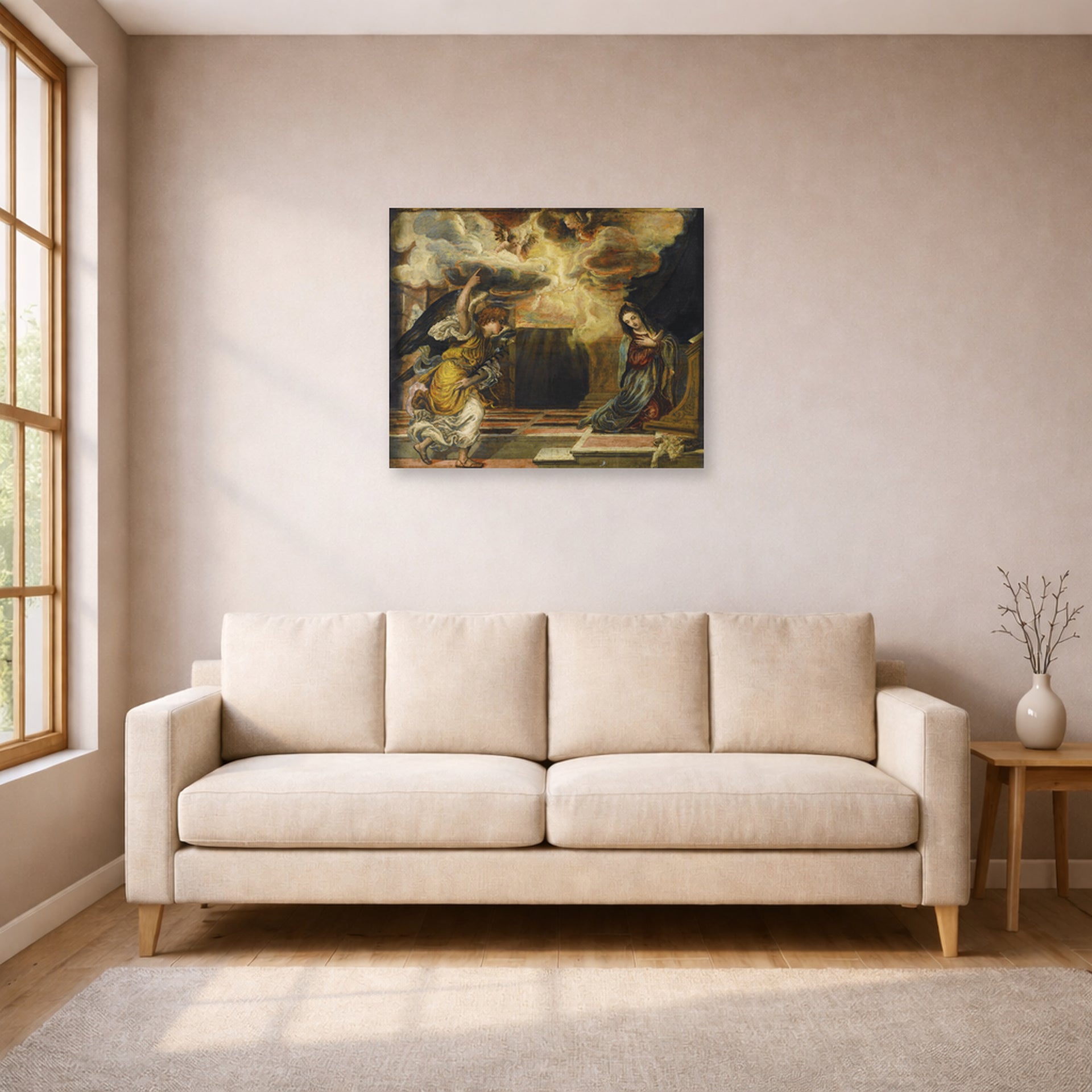 Unframed poster print of El Greco's Annunciation displayed on a wall in a living room