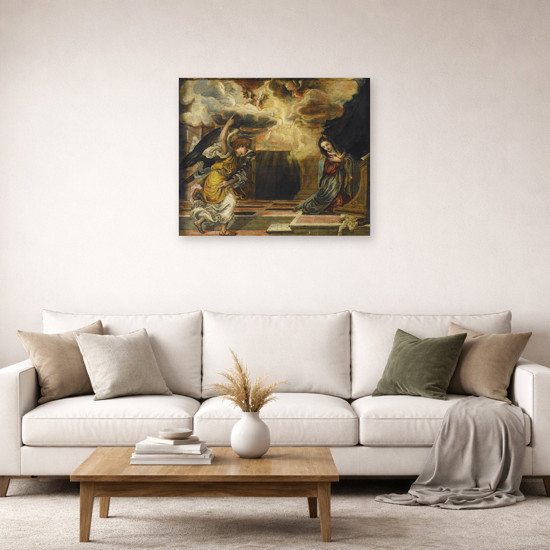 Unframed poster print of El Greco's Annunciation displayed on a wall in a living room