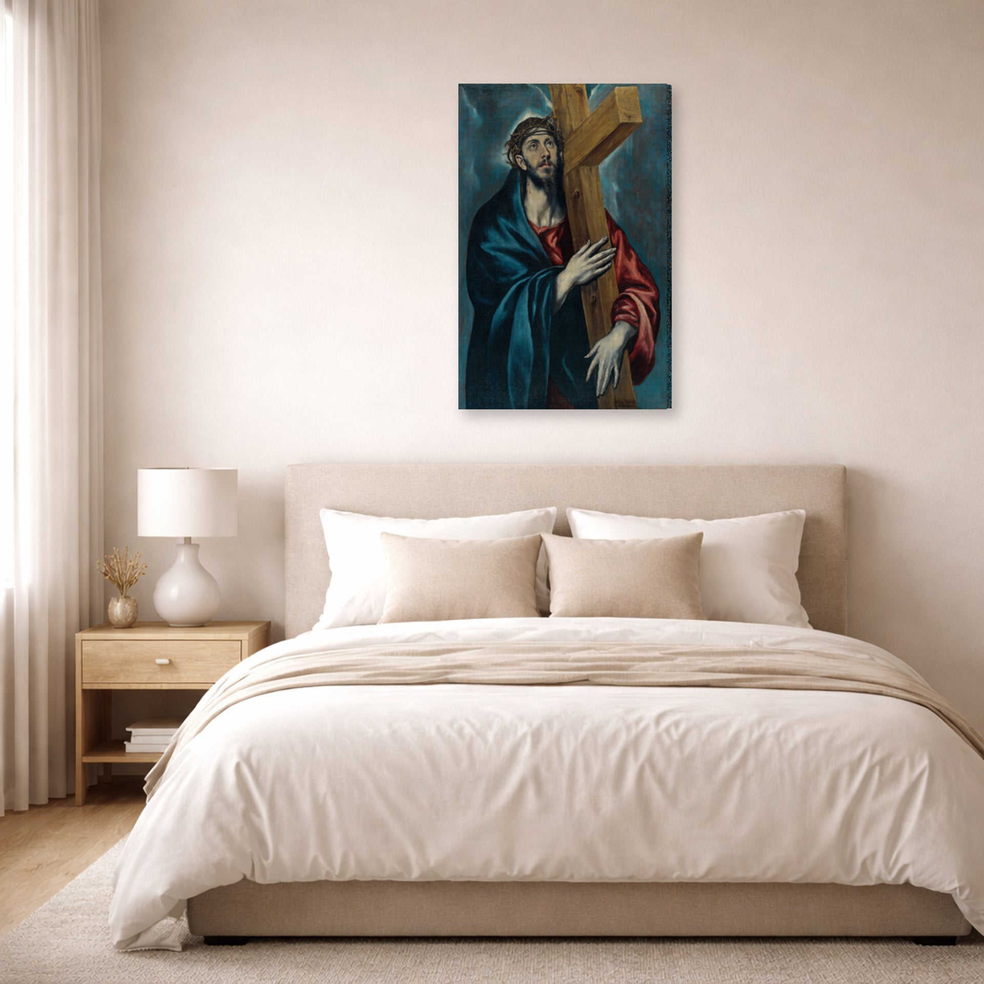 Gallery-wrapped canvas print of El Greco's Christ Carrying The Cross displayed on a wall in a bedroom