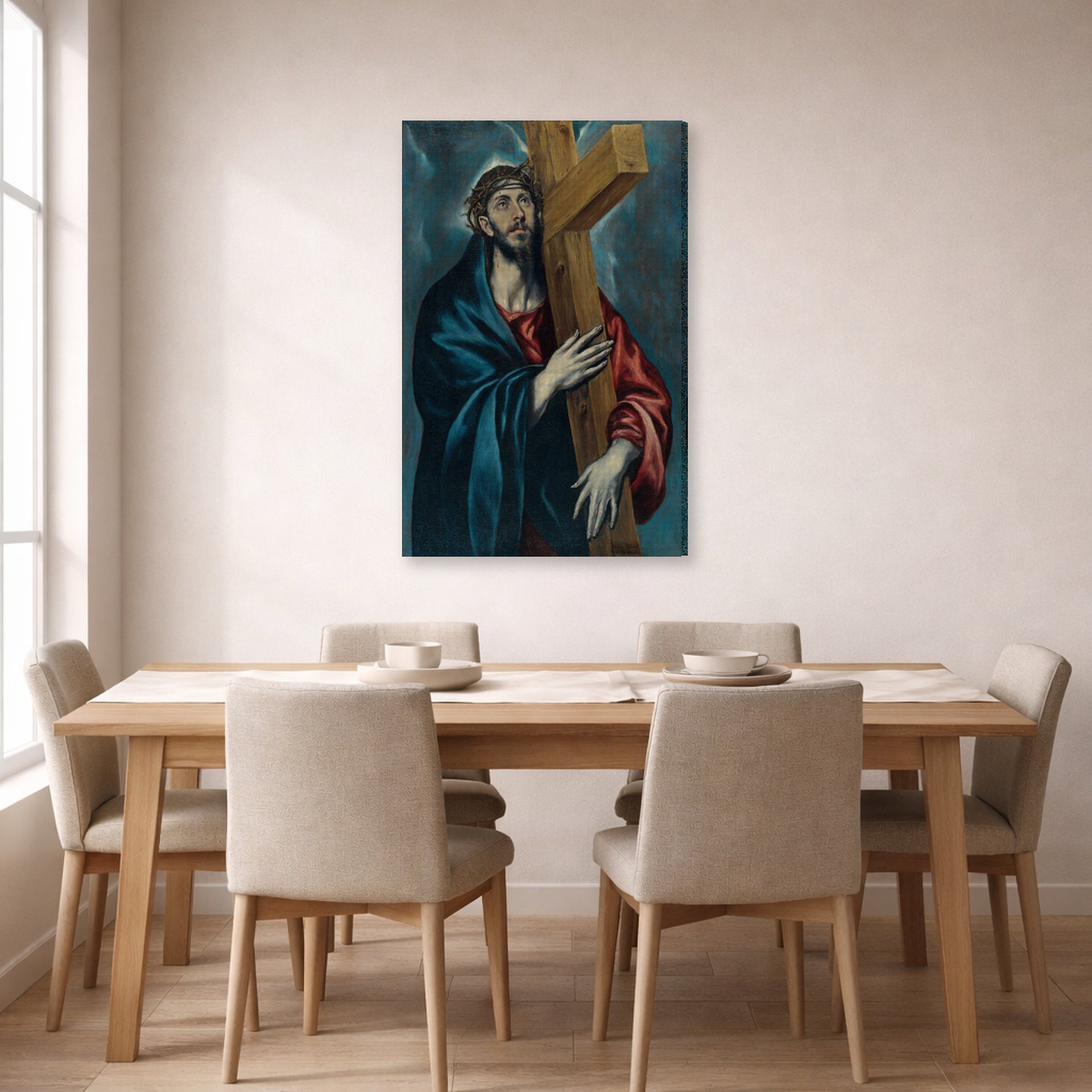 Gallery-wrapped canvas print of El Greco's Christ Carrying The Cross displayed on a wall in a dining room