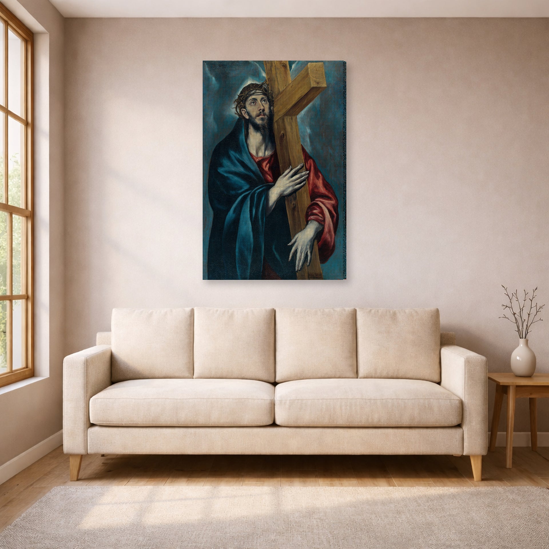 Gallery-wrapped canvas print of El Greco's Christ Carrying The Cross displayed on a wall in a living room