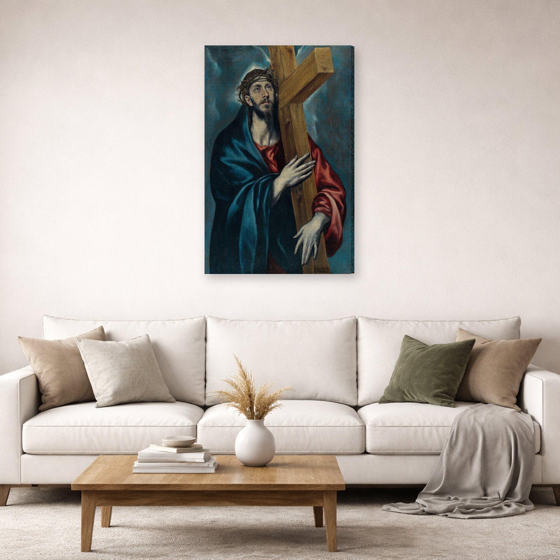 Gallery-wrapped canvas print of El Greco's Christ Carrying The Cross displayed on a wall in a living room