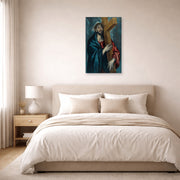 Unframed poster print of El Greco's Christ Carrying The Cross displayed on a wall in a bedroom
